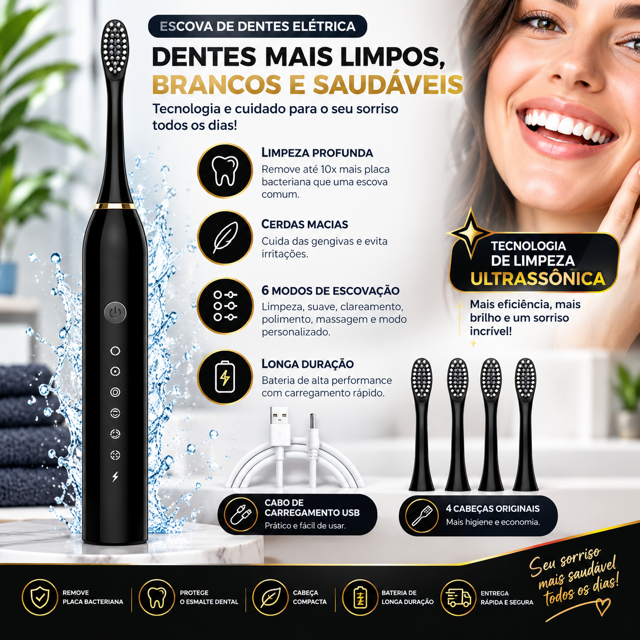 Escova de Dentes Elétrica Recarregável