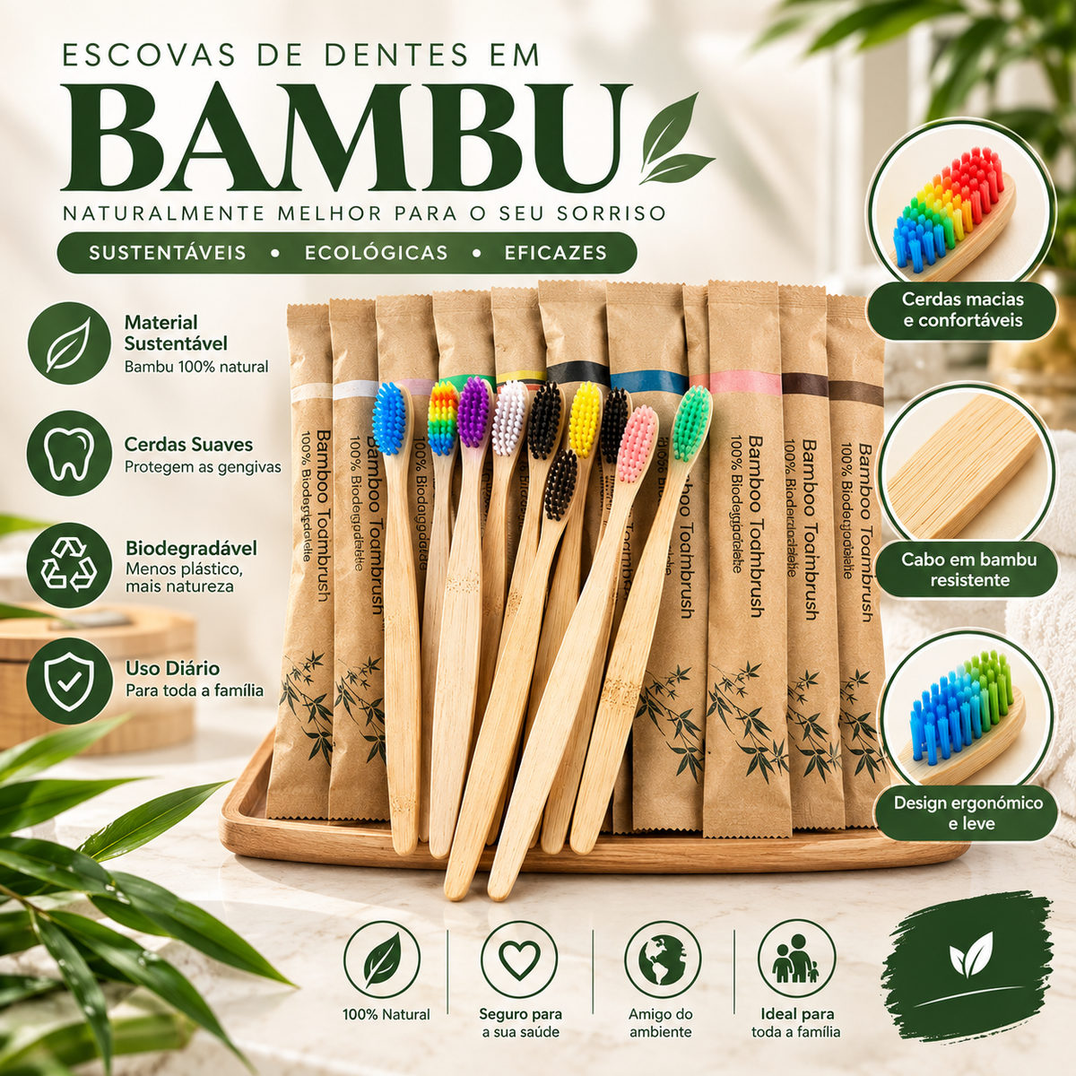 Kit 10 Escovas de Dente de Bambu Natural Coloridas