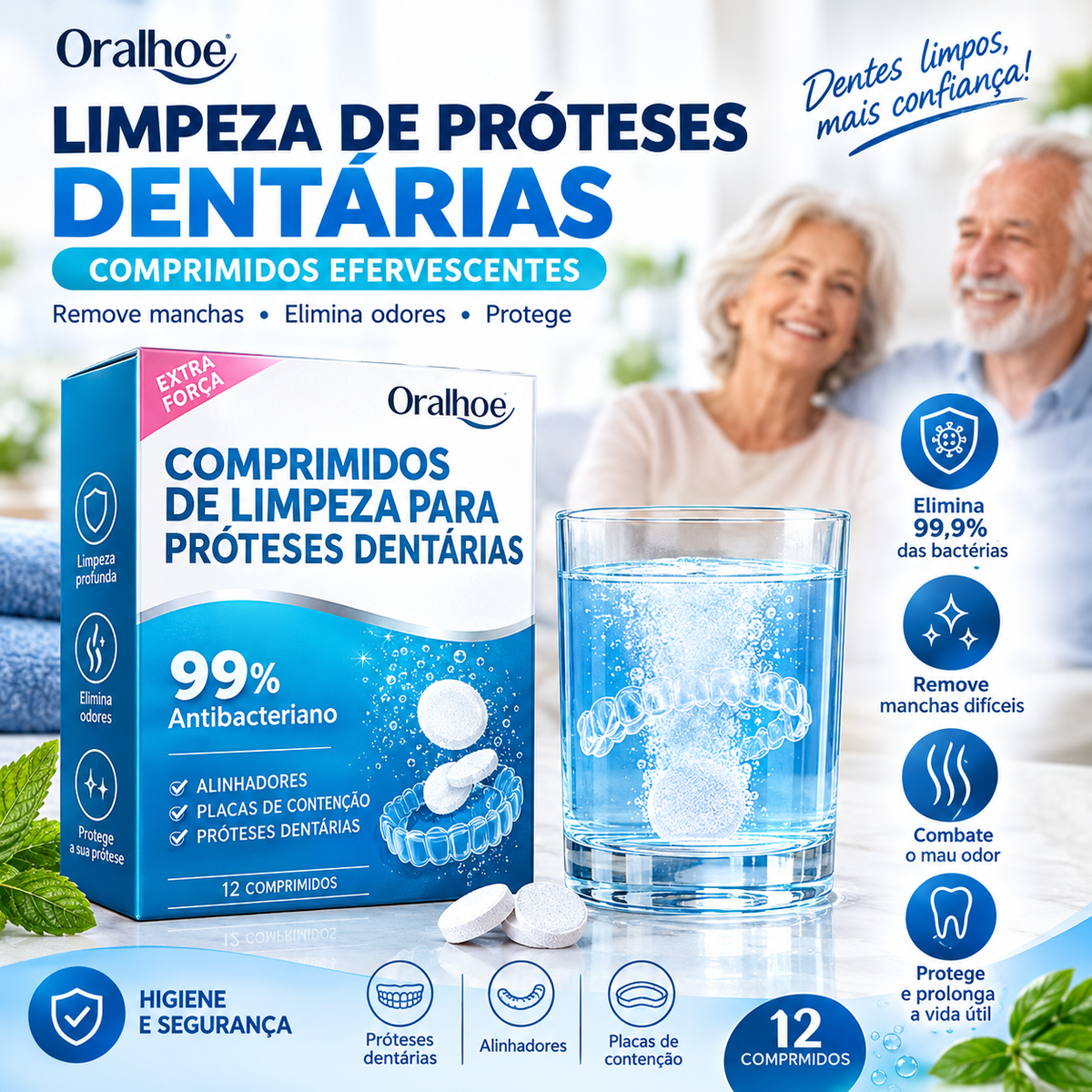 Pastilhas Efervescentes para Limpeza de Próteses Dentárias